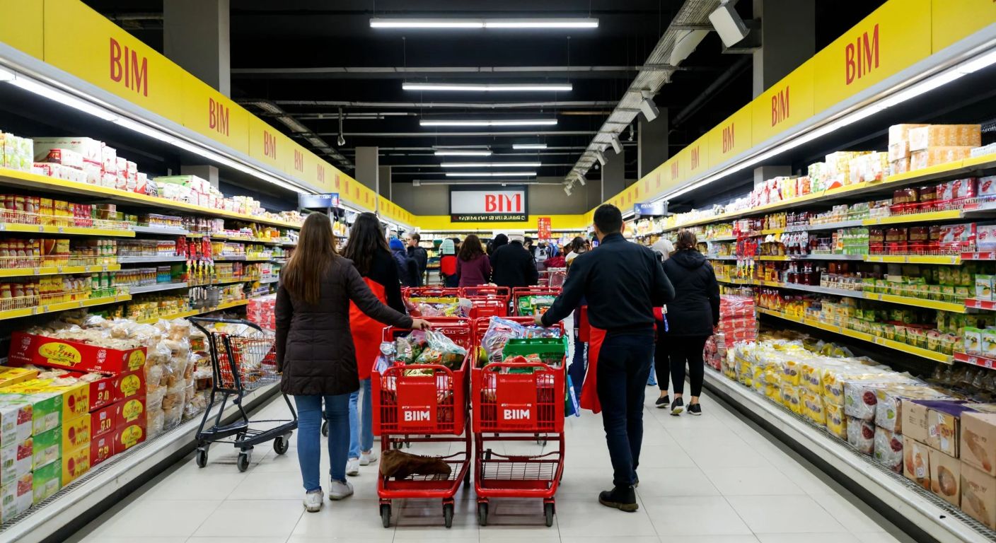 A bustling Turkish supermarket aisle with bright yellow and red BİM branding, shoppers pushing carts filled with affordable groceries, and a cheerful cashier in a branded apron scanning items under fluorescent lights.
