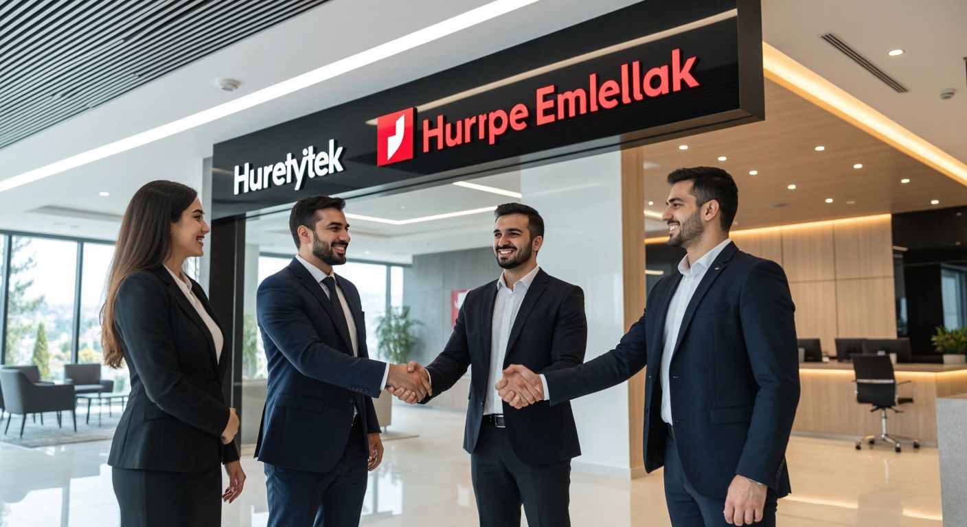 A modern Turkish real estate office with a sleek sign transitioning from "Hürriyet Emlak" to "Hepsiemlak," surrounded by smiling professionals in business attire shaking hands, symbolizing renewal and trust.