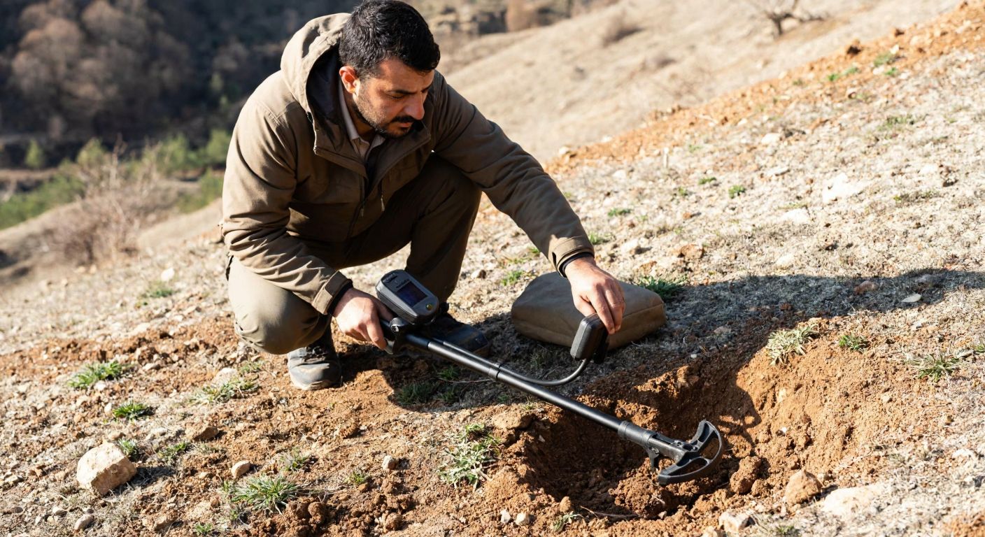 A focused Turkish man in outdoor clothing kneels on a rocky hillside, carefully adjusting the settings on a metal detector while examining its display, with a small shovel and a pile of dirt nearby.