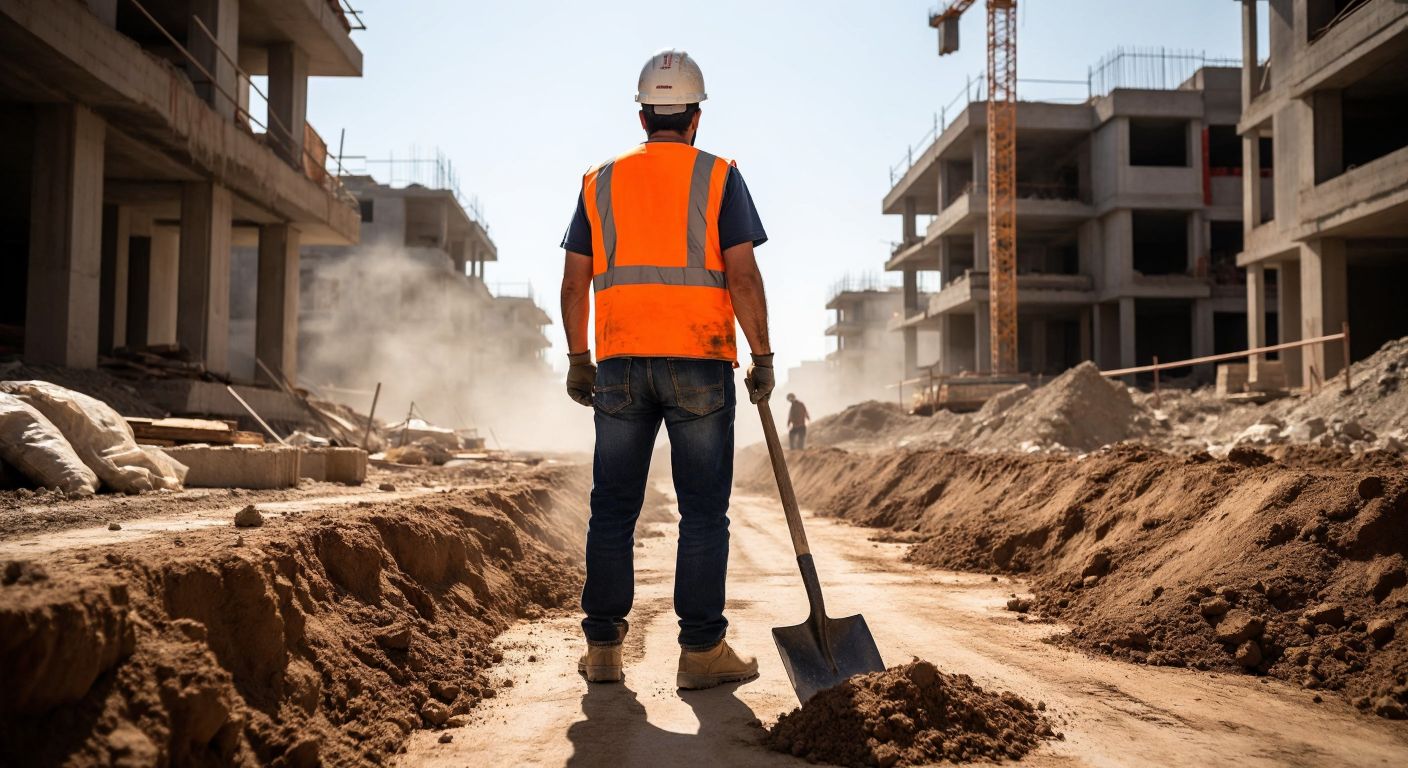 A Turkish construction worker in a dark blue denim pants and a bright orange safety vest stands on a dusty worksite, holding a shovel.