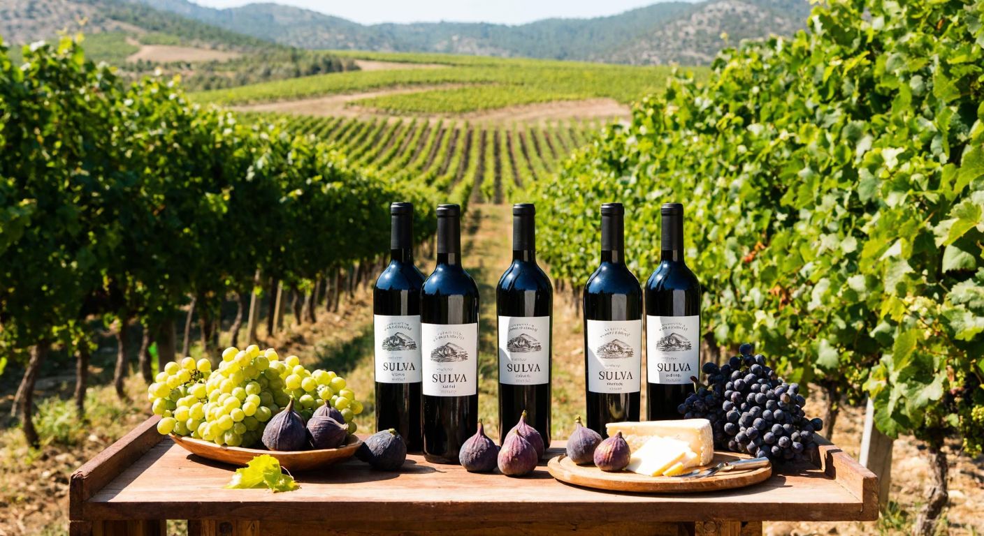 A sunlit Turkish vineyard with rows of lush grapevines stretching toward rolling hills, where a rustic wooden table displays several elegant bottles of Suvla premium wines alongside a bowl of fresh figs and a cheese platter.