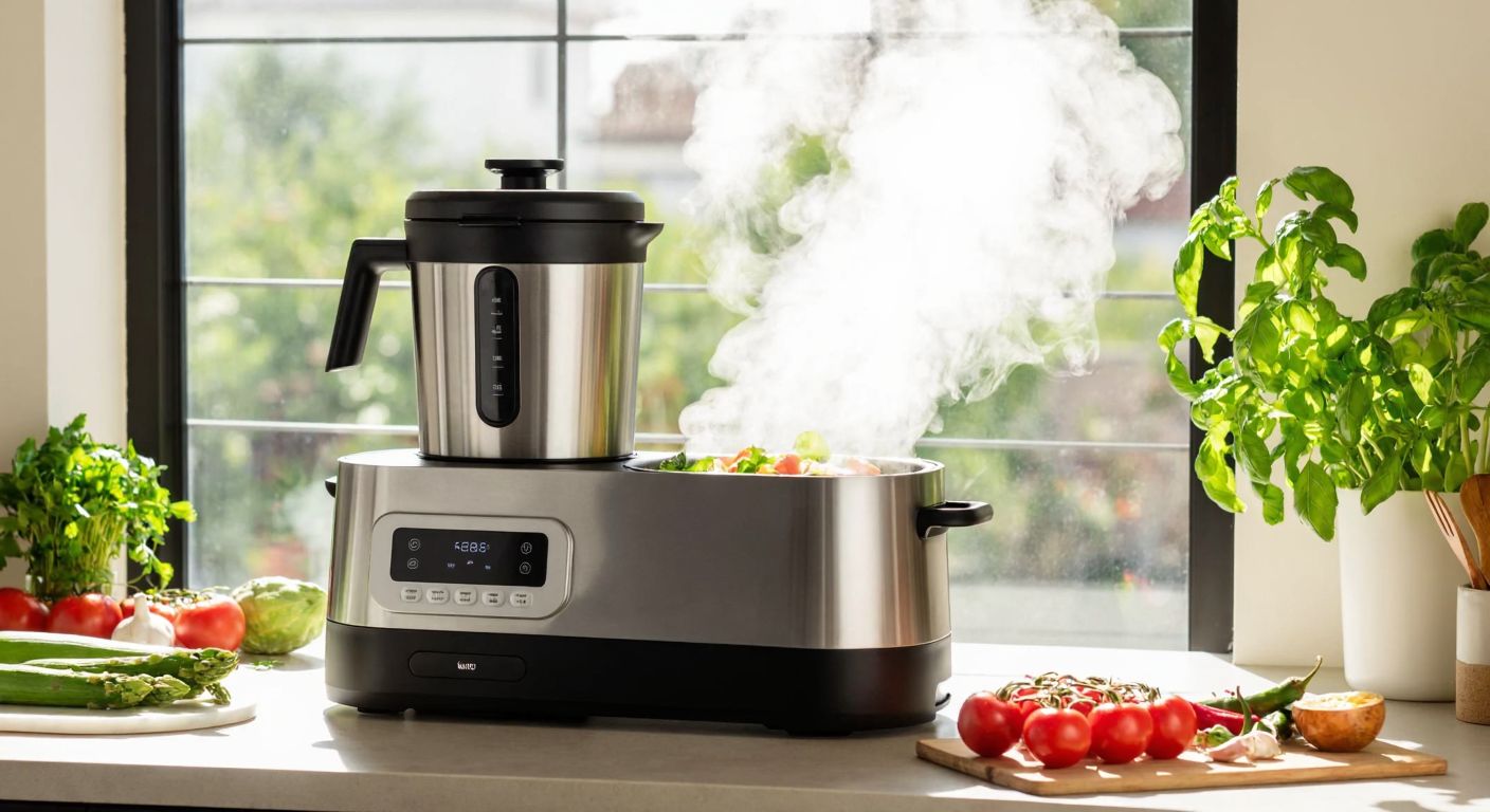 A sleek, modern Xiaomi Smart Cooking Robot sits on a kitchen counter in a sunlit Turkish home, surrounded by fresh ingredients like tomatoes, peppers, and herbs, with steam rising from its multi-functional pots as it prepares a colorful meal.