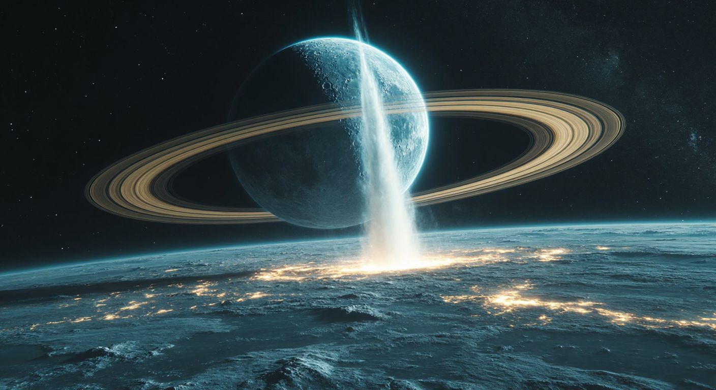 A distant, icy moon with glowing cracks spewing towering plumes of water into the dark void of space, illuminated by Saturn's faint golden rings in the background.
