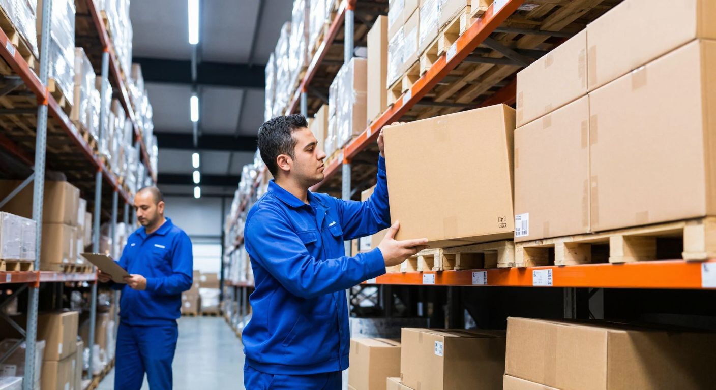 A Turkish warehouse worker in a blue uniform carefully stacks cardboard boxes on metal shelves under bright fluorescent lights, while another worker checks a clipboard nearby.