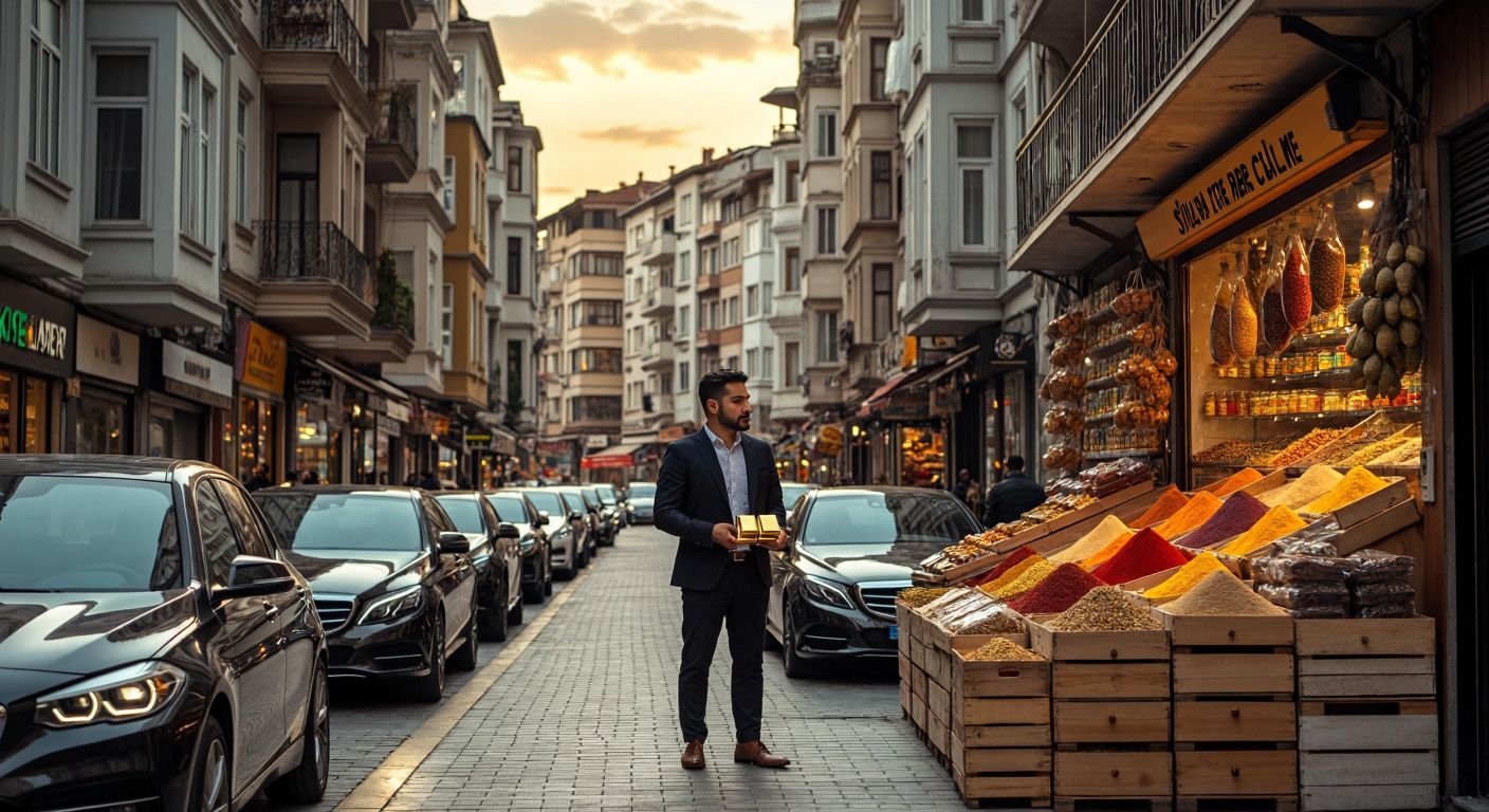 A bustling Istanbul street scene with a well-dressed entrepreneur standing between a luxury apartment building, a row of shiny new cars, and a vibrant spice shop, holding a gold bar while thoughtfully considering investment options.