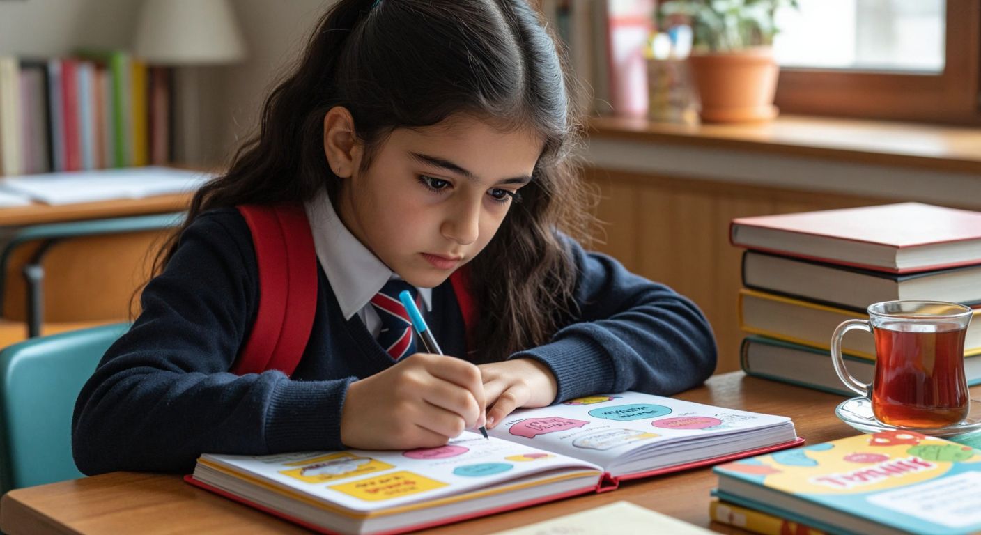 A focused Turkish middle-school student with dark hair and a school uniform sits at a wooden desk, intently writing in a colorful planner with motivational stickers, surrounded by neatly stacked textbooks and a steaming cup of çay.