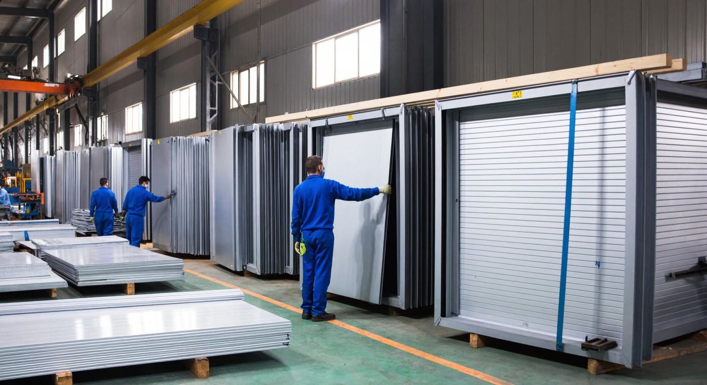 A modern steel door factory in Kayseri, Turkey, with workers in blue uniforms assembling sturdy metal doors under bright industrial lights, surrounded by stacks of gleaming steel panels.
