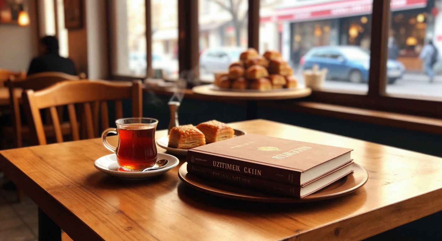 A wooden table in a cozy Turkish café with two different books—one thin (68 pages) and one thicker (124 pages)—next to a steaming cup of çay and a plate of baklava.