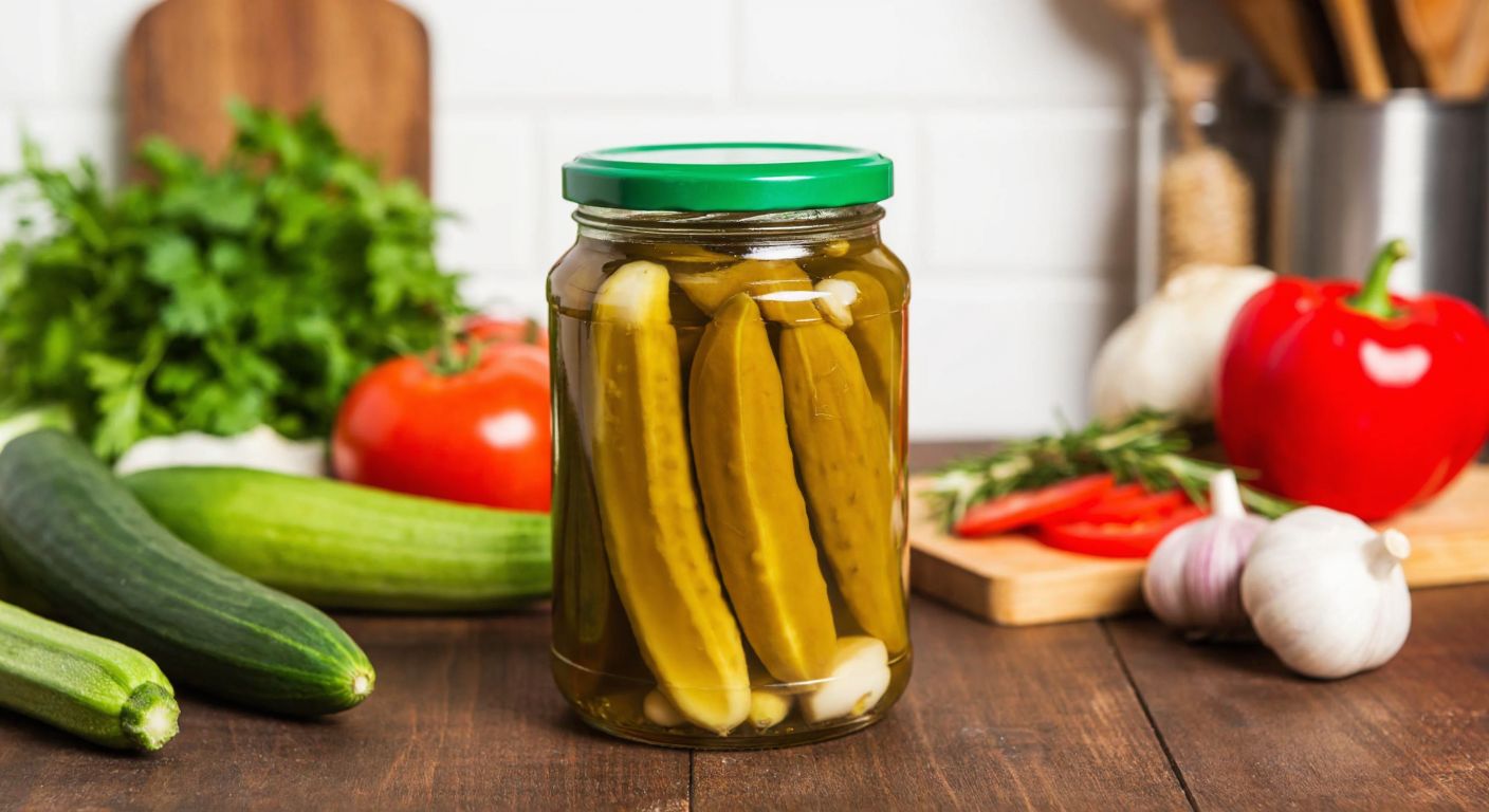 A single glass jar of Penguen pickles with a green lid, placed on a wooden table in a Turkish kitchen, surrounded by fresh vegetables and herbs.