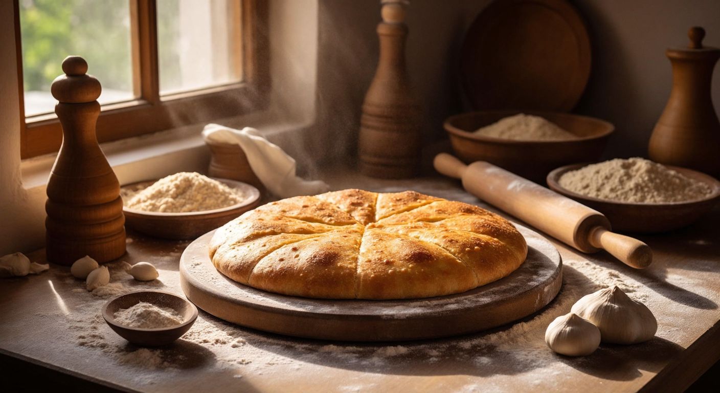 A warm, golden-brown **Maraş Kömbesi** flatbread resting on a wooden tray, surrounded by scattered **whole wheat flour** and a traditional Turkish rolling pin, with a sunlit kitchen backdrop and hands dusted in flour kneading dough.