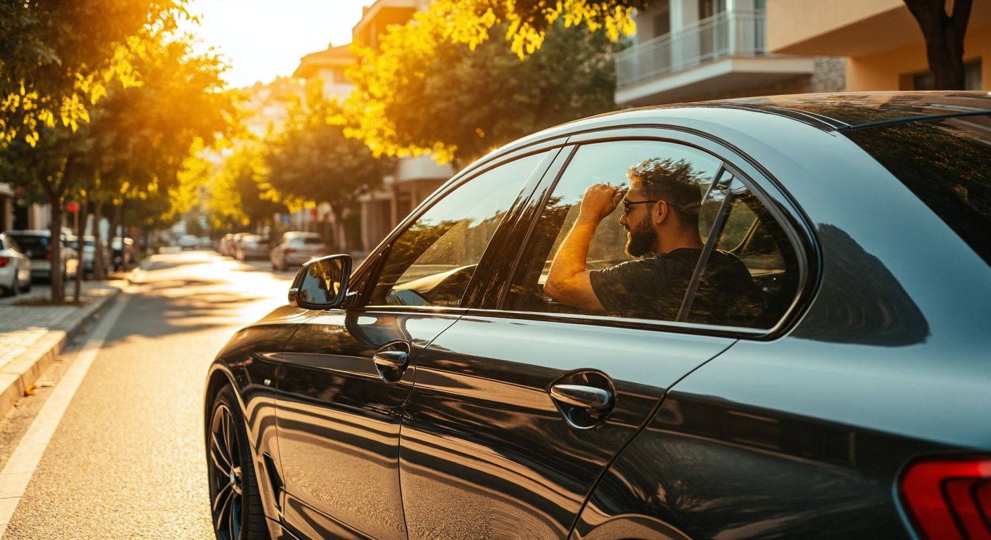 A sleek car with tinted windows reflecting sunlight, parked on a sunny street in Turkey, with a satisfied driver checking the window's quality.