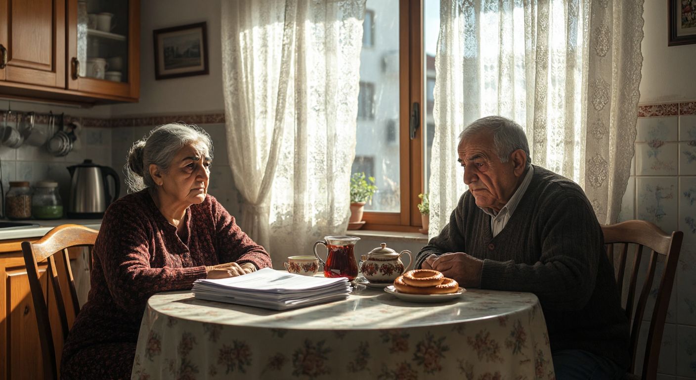 A Turkish elderly couple sitting at a modest kitchen table with a stack of official-looking documents, looking hopeful yet concerned as sunlight streams through a lace curtain, with a traditional Turkish tea set and simit on the table.