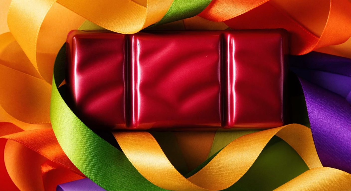 A vibrant, glossy chocolate bar wrapped in rich red and gold foil, surrounded by swirling ribbons of orange, yellow, green, and purple, evoking warmth and indulgence.