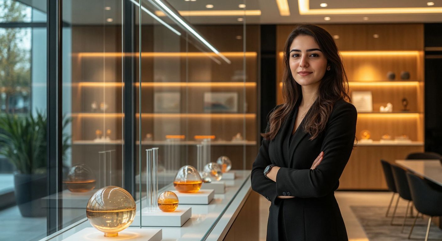 A confident Turkish woman in a modern office, standing beside a sleek glass display of educational models and science exhibits, with warm lighting reflecting off polished surfaces.