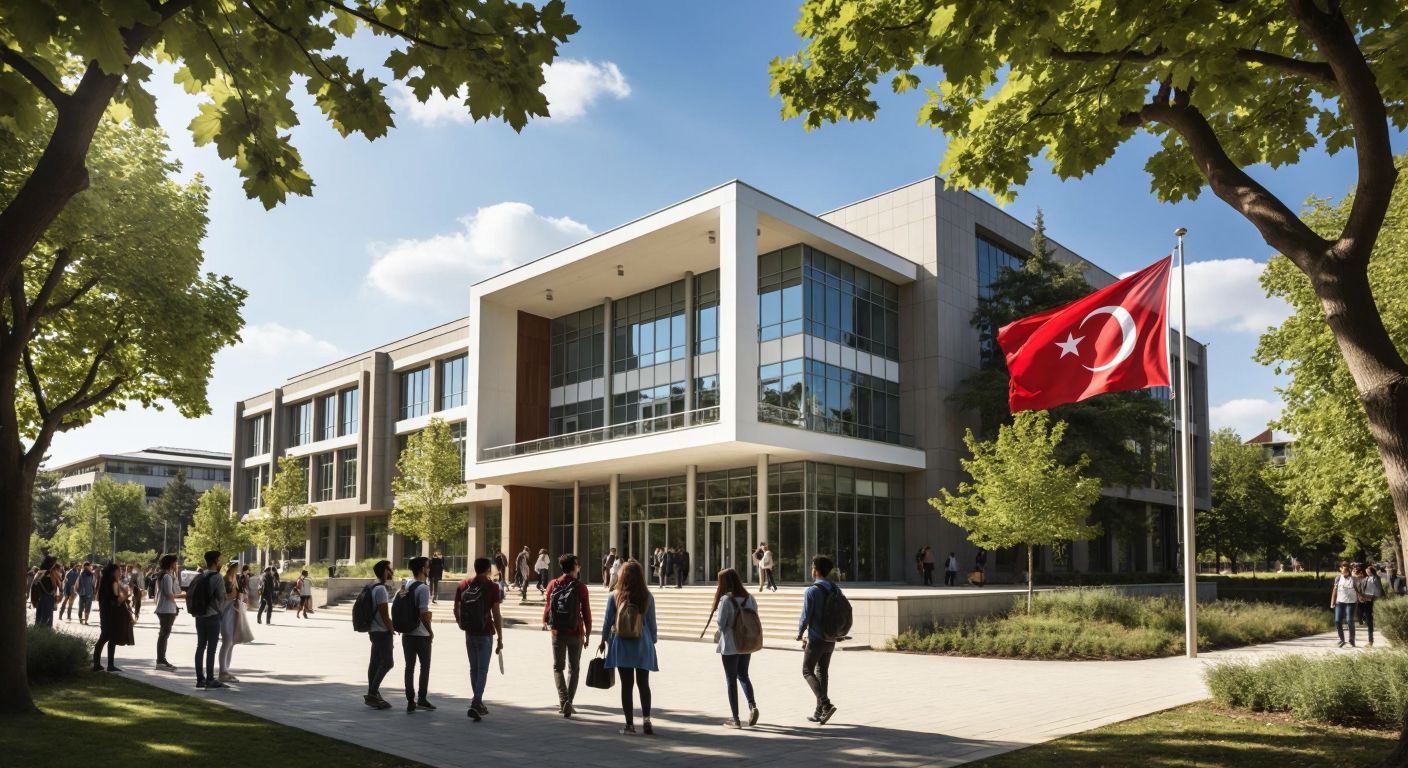 A modern university building with a Turkish flag flying in front, surrounded by students carrying books and chatting under the shade of leafy trees.