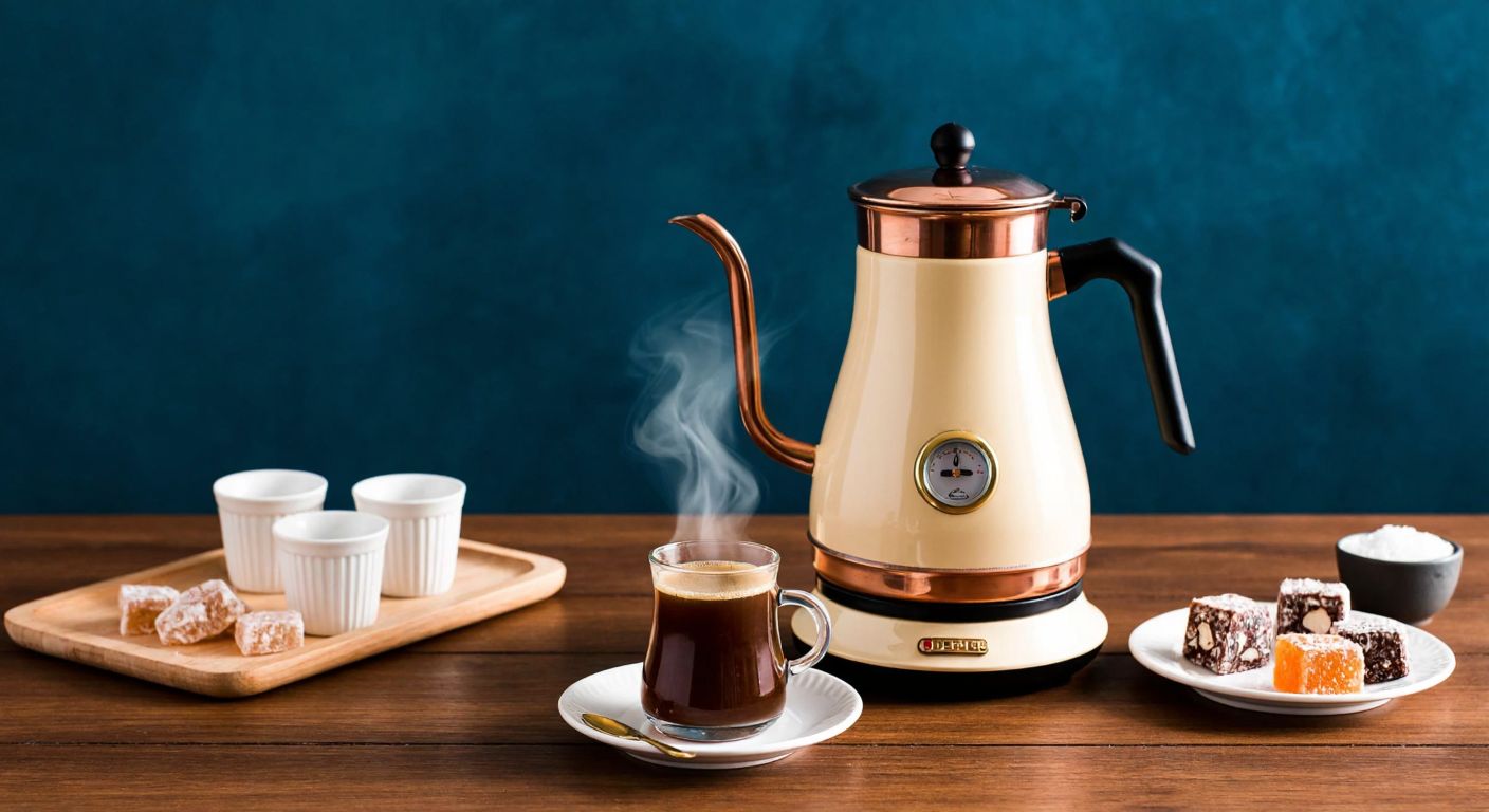 A retro-style cream-colored Turkish coffee maker with a copper finish sits on a wooden table, steaming with freshly brewed coffee, surrounded by small traditional cups and a plate of Turkish delight.