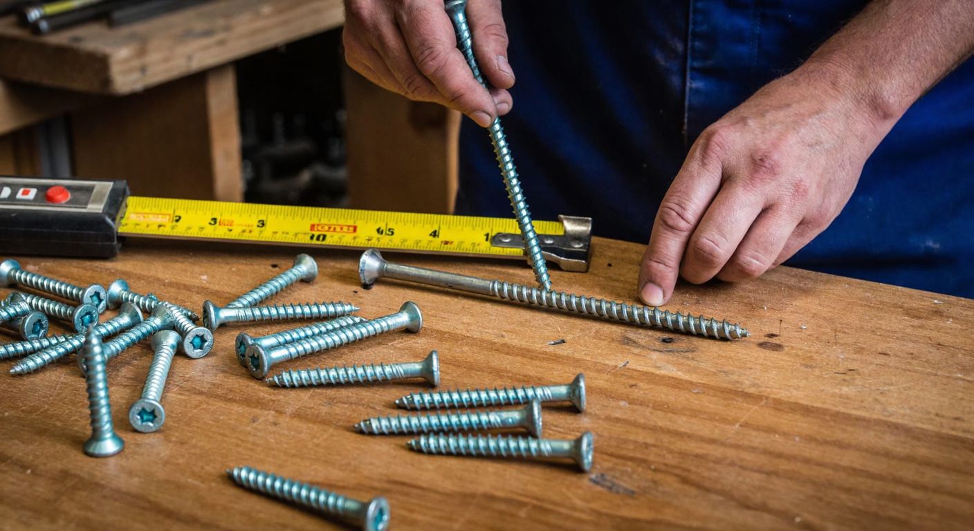 A sturdy wooden workbench in a Turkish workshop, scattered with various-sized trifon screws, a measuring tape, and a craftsman's rough hands carefully selecting the right screw.