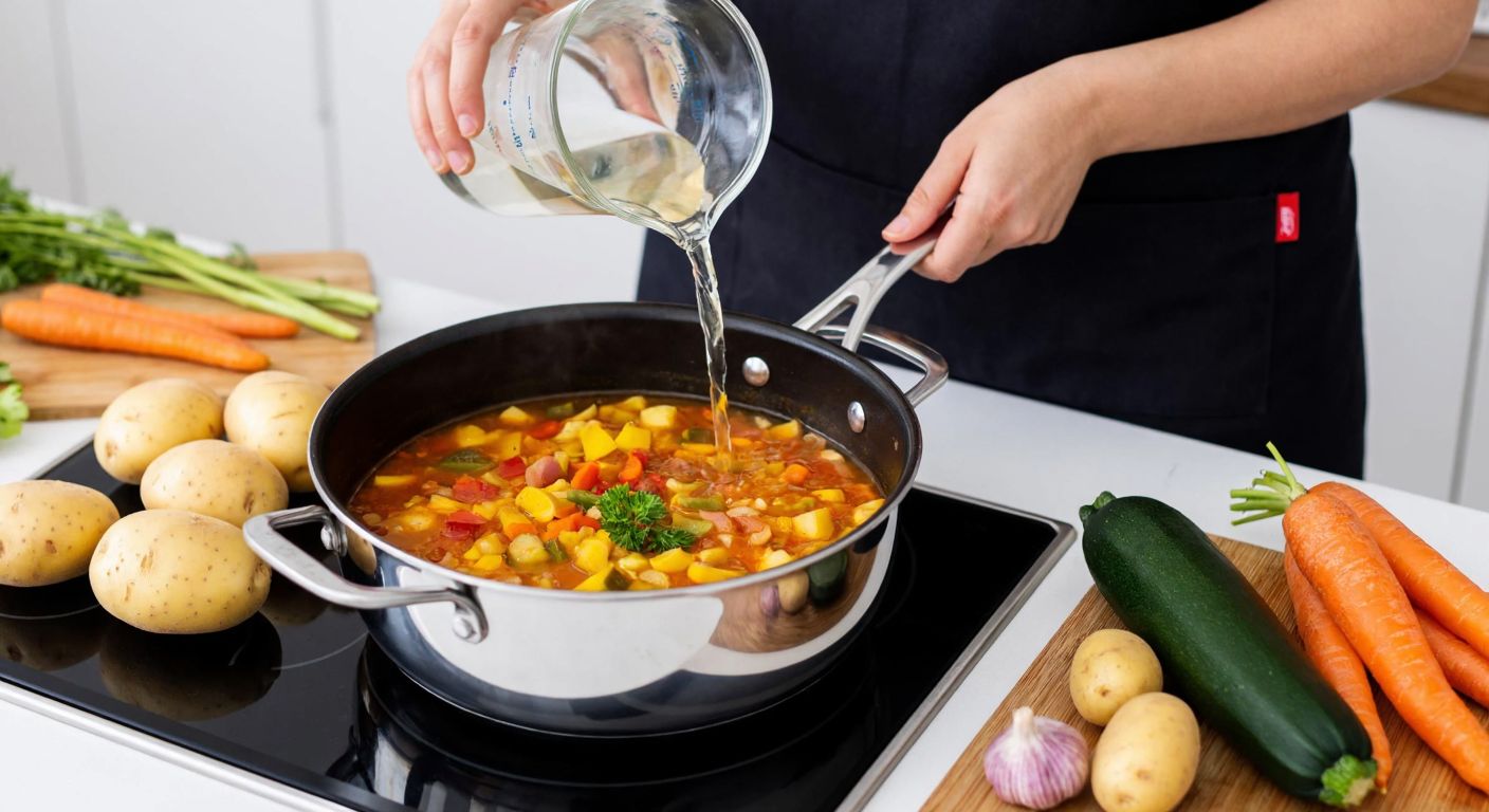 A steaming pot on a stove filled with colorful blended vegetables, with a Turkish woman in a kitchen apron carefully pouring water from a glass measuring cup into the pot, surrounded by fresh carrots, potatoes, and zucchini on a wooden counter.