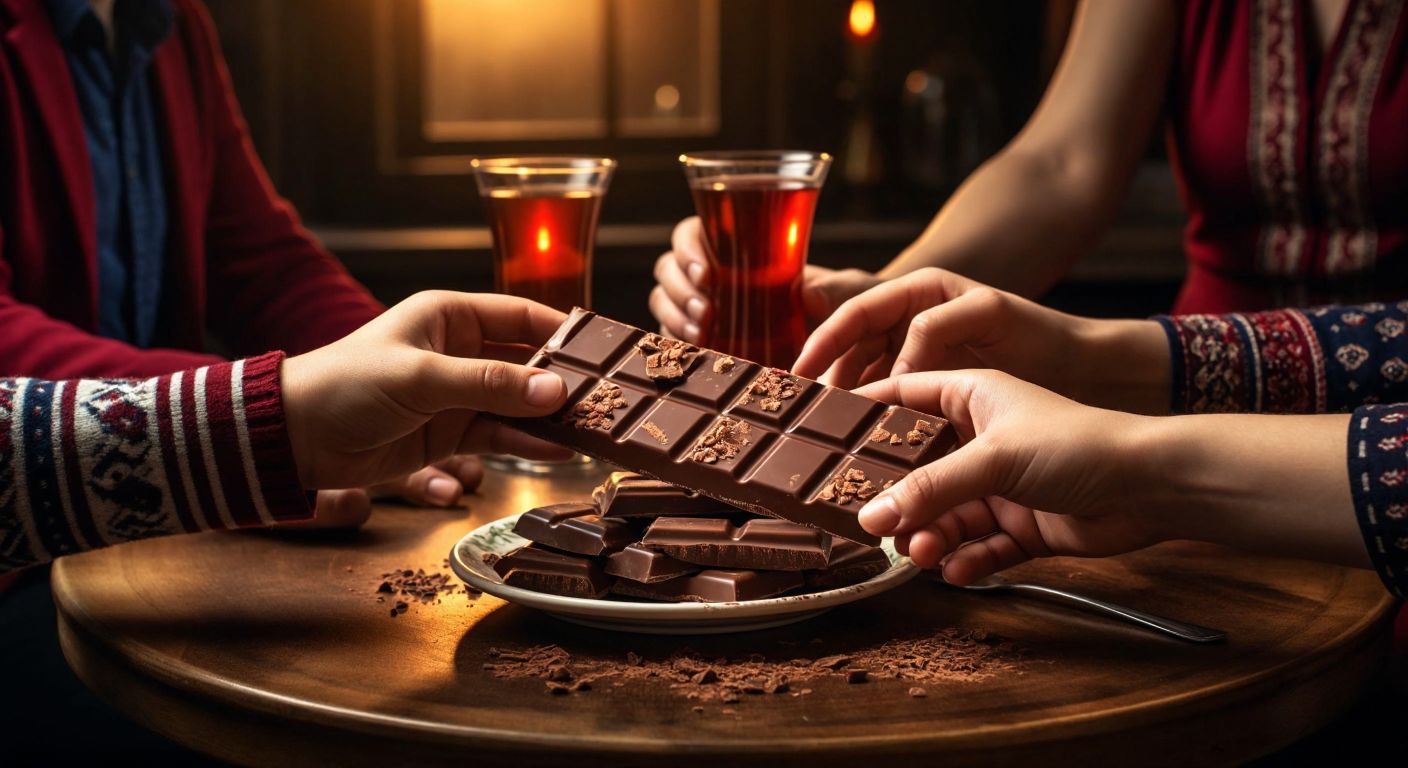 A vibrant, unwrapped chocolate bar on a wooden table in a cozy Turkish café, surrounded by diverse hands reaching to share it, with warm lighting and a backdrop of traditional ceramic tea glasses.
