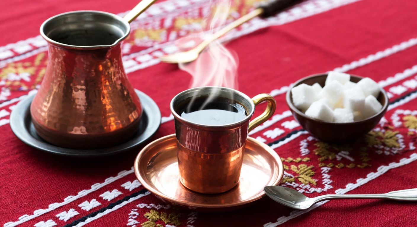 A small copper cezve sits on a low flame, filled with dark Turkish coffee, steam rising gently beside a small cup and saucer, with a spoon and a bowl of sugar cubes nearby on a traditional embroidered cloth.
