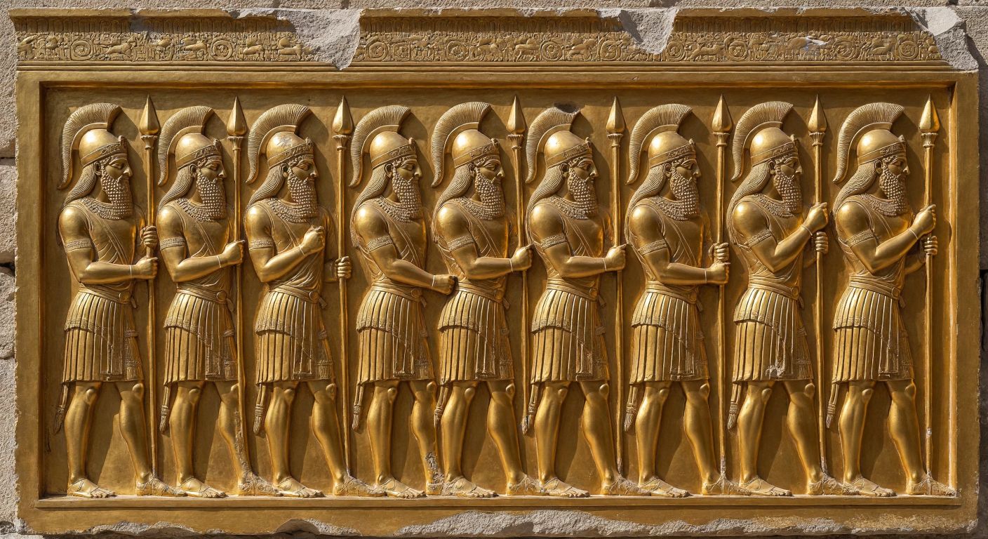 A golden Persian relief carving depicting a regal procession of Achaemenid warriors and nobles, set against the backdrop of an ancient stone palace.  

(Note: Since the query is about the Achaemenid Empire, a Persian civilization, the description reflects that historical context rather than Turkey.)