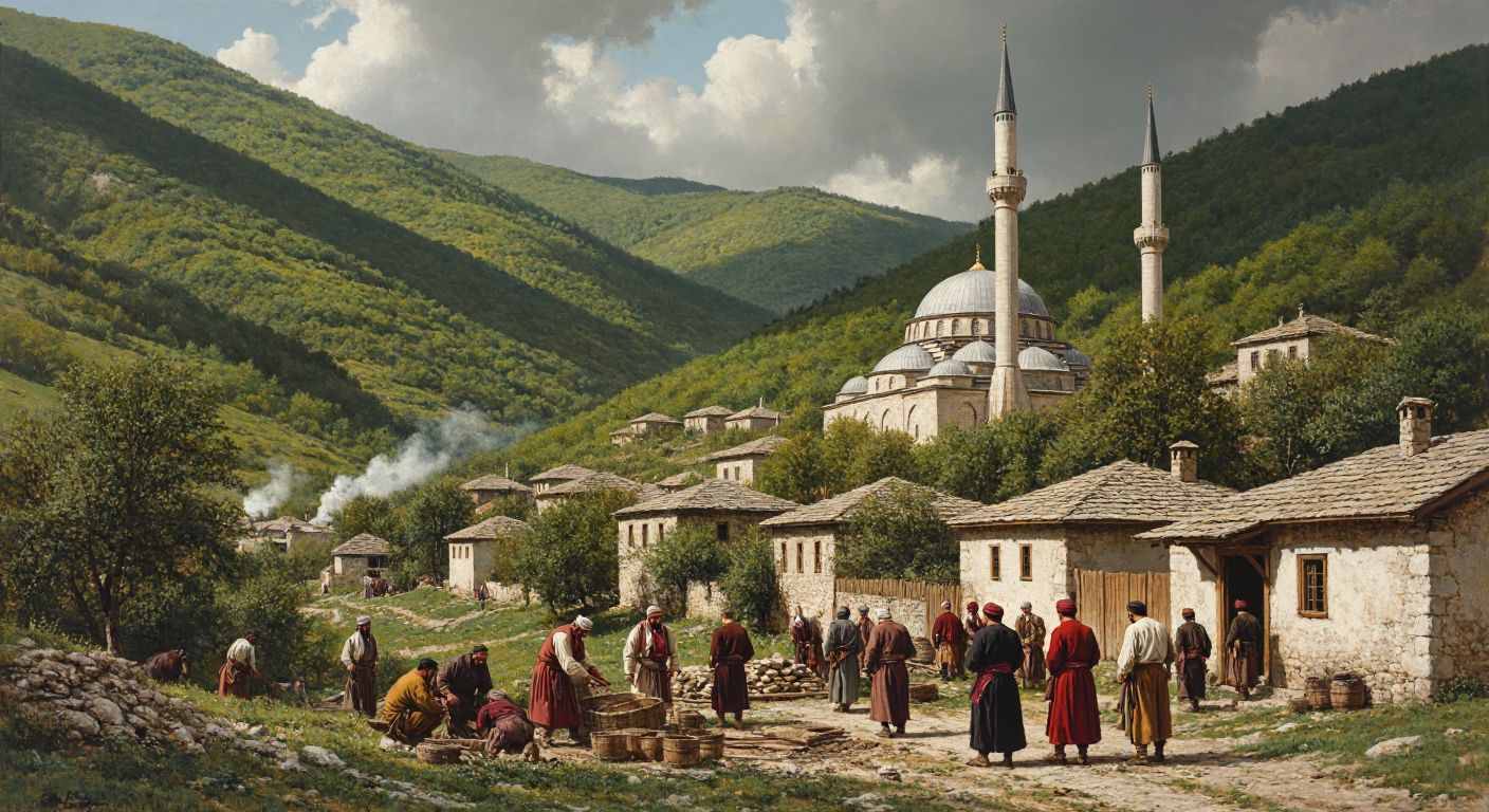A historical scene of Ottoman-era settlers in traditional Anatolian clothing building a village near a newly constructed mosque, with lush green hills in the background.