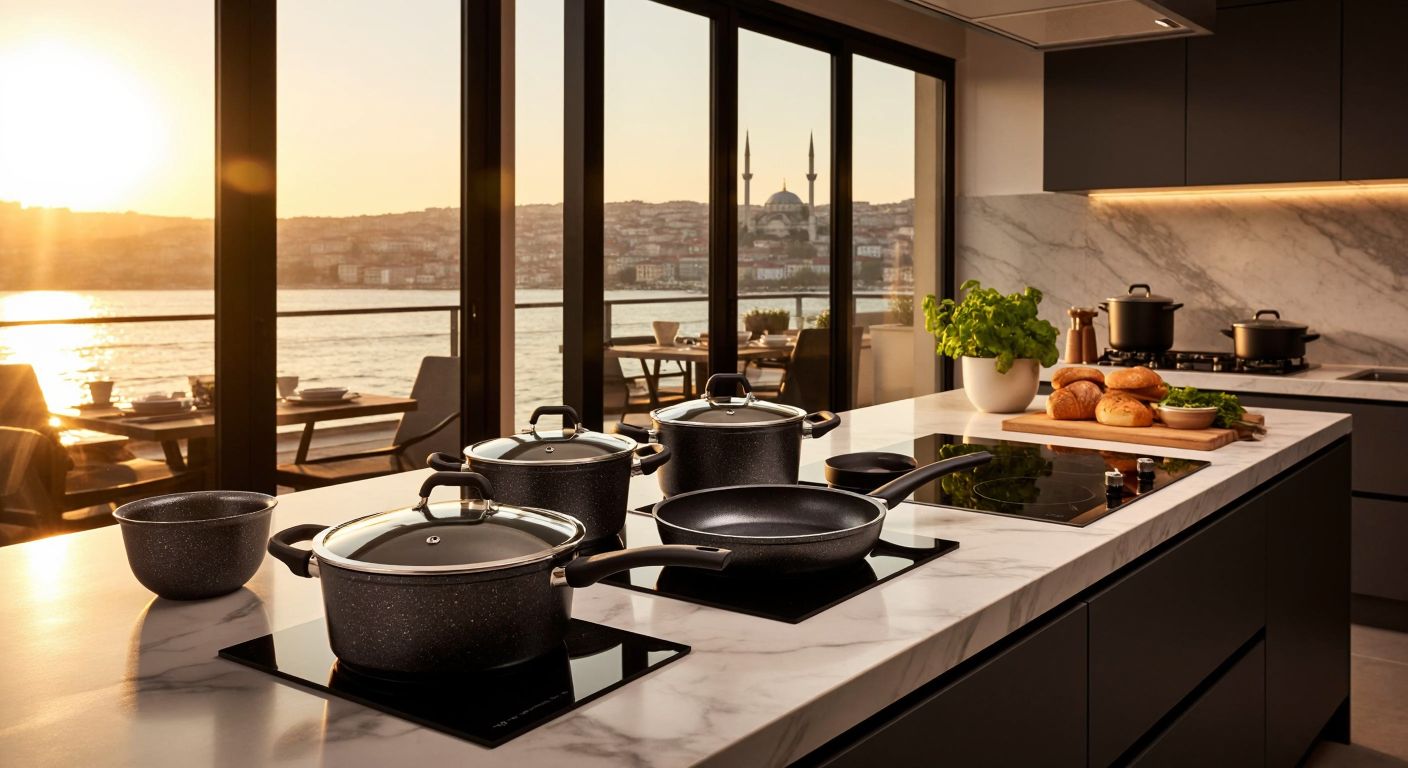 A sleek, modern kitchen in Istanbul with Stoneline cookware neatly arranged on a marble countertop, reflecting warm sunlight through large windows overlooking the Bosphorus.