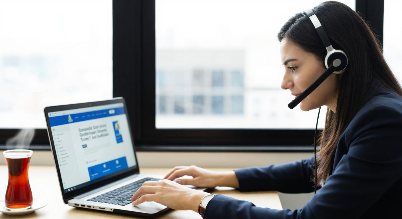 A focused Turkish professional in a neat office setting, wearing a headset while attentively navigating a laptop screen displaying a government e-learning portal, with a steaming cup of Turkish tea beside them.