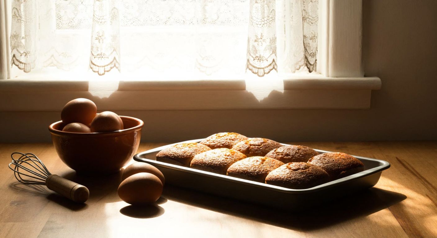 A warm Turkish kitchen with a tray of freshly baked cake on a wooden table, surrounded by three brown eggs in a ceramic bowl, a whisk resting nearby, and sunlight streaming through lace curtains.