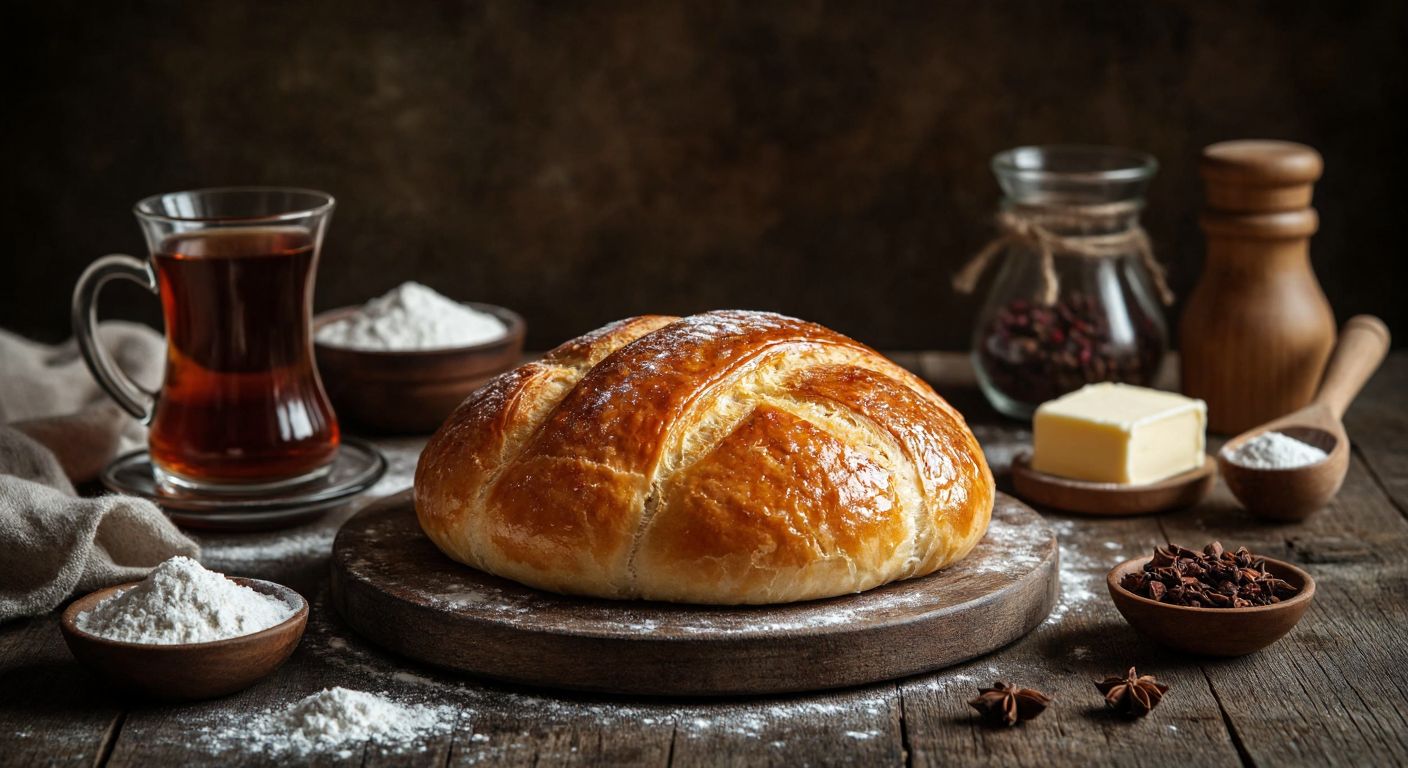 A golden-brown poğaça sits on a rustic wooden table, surrounded by ingredients like flour, butter, and sugar, with a Turkish tea glass nearby, while a person hesitates to take a bite, their expression torn between temptation and concern about weight gain.