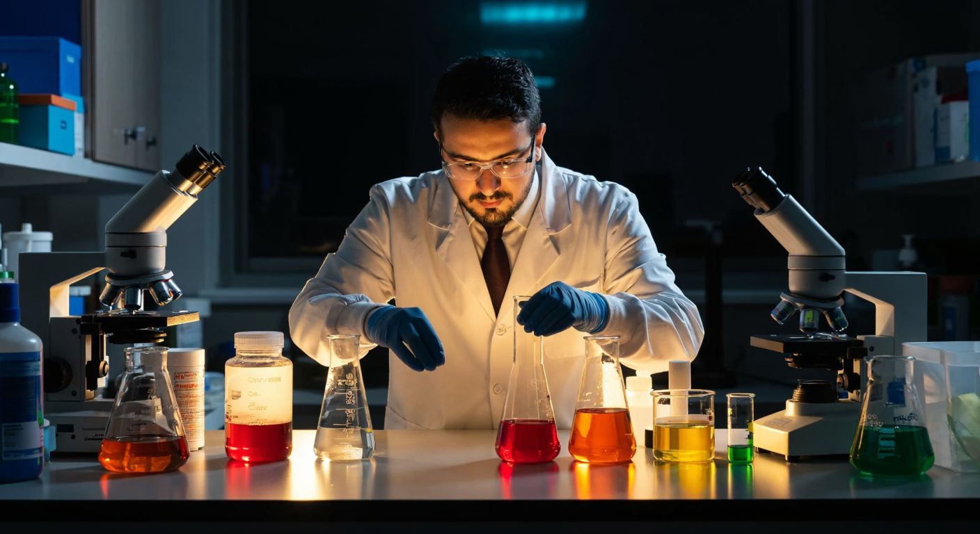 A Turkish scientist in a white lab coat carefully examines colorful chemical solutions in glass beakers under the warm glow of a laboratory light, surrounded by analytical instruments like microscopes and test tubes.