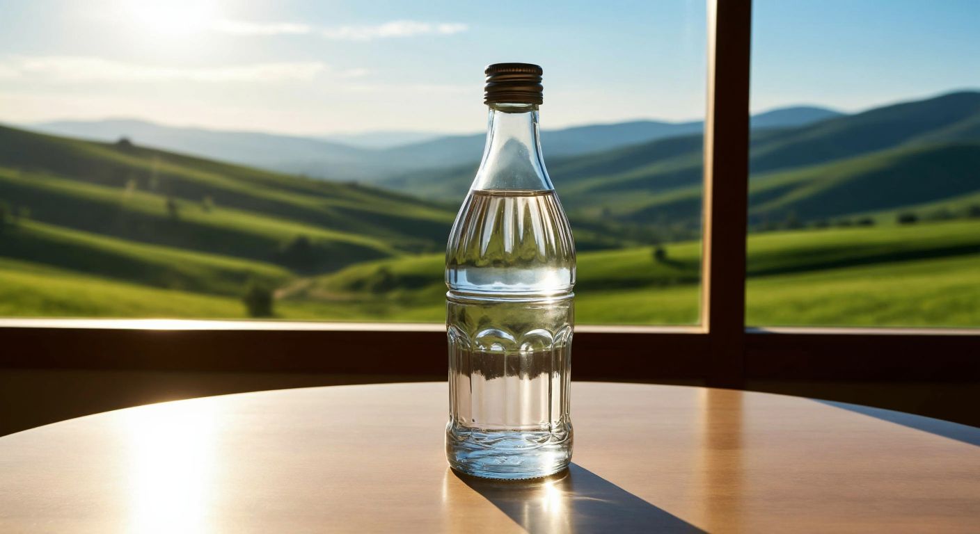 A crystal-clear glass bottle of sparkling mineral water placed on a sunlit wooden table with the rolling green hills of Burdur visible through a window in the background.