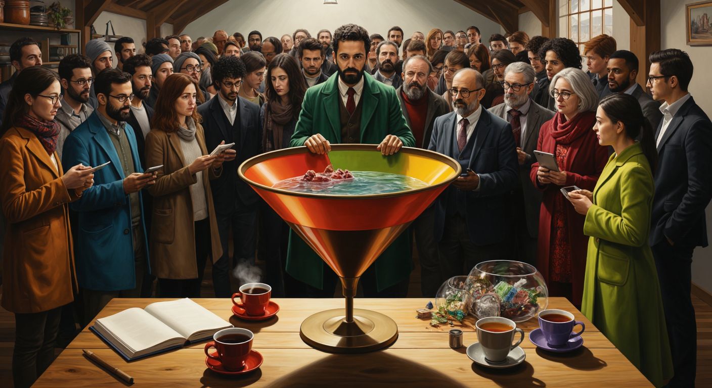 A wide, colorful funnel on a wooden table, with a crowd of diverse people at the top (ToFU) curiously peering in, while a smaller group in the middle (MoFU) examines products under a magnifying glass, surrounded by Turkish tea cups and notebooks.