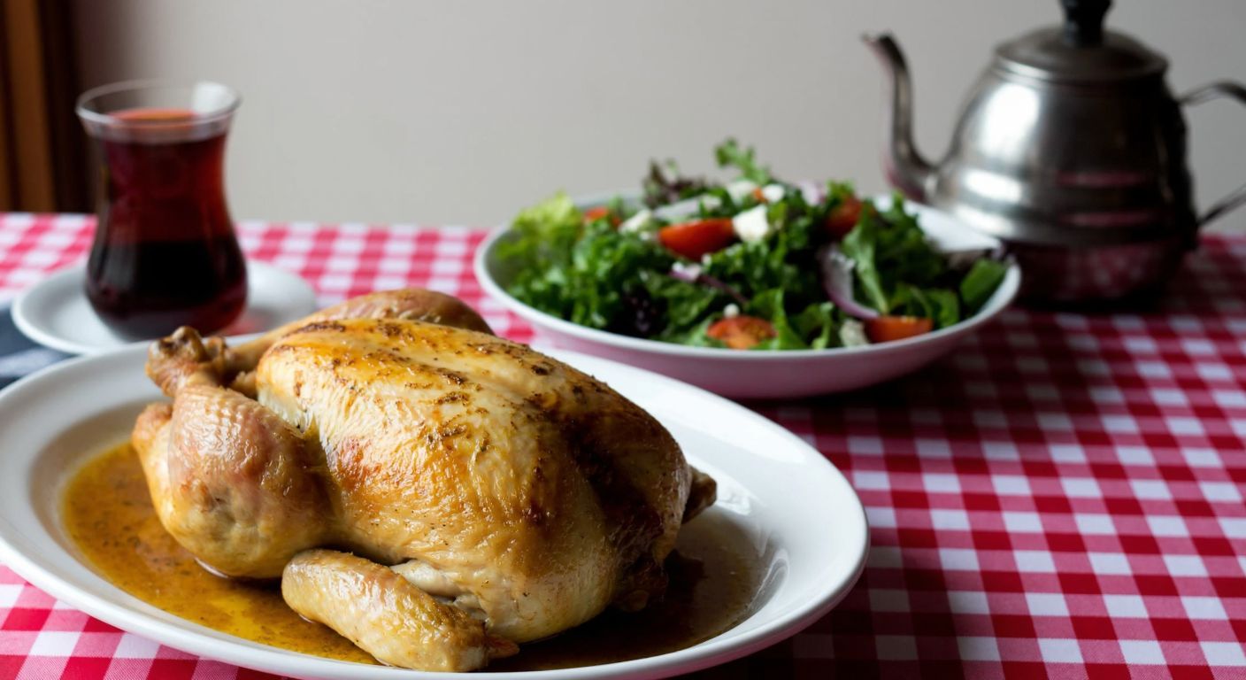 A steaming plate of golden-brown roasted chicken with crispy skin, served alongside a bowl of fresh salad, in a warm Turkish kitchen with a checkered tablecloth and a pot of çay in the background.