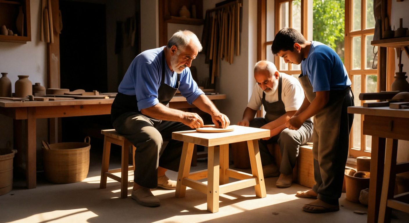 An elderly Turkish craftsman in a sunlit workshop carefully sands a half-finished wooden stool, his calloused hands determined to complete the piece, while a younger apprentice watches attentively.