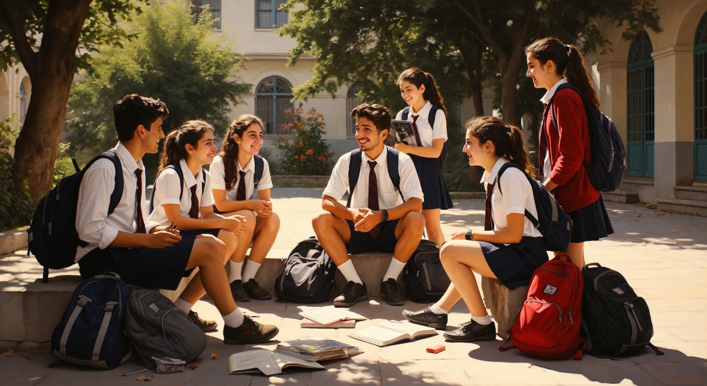 A group of Turkish high school students in uniforms chatting cheerfully in a sunlit school courtyard, with backpacks and books scattered around them.
