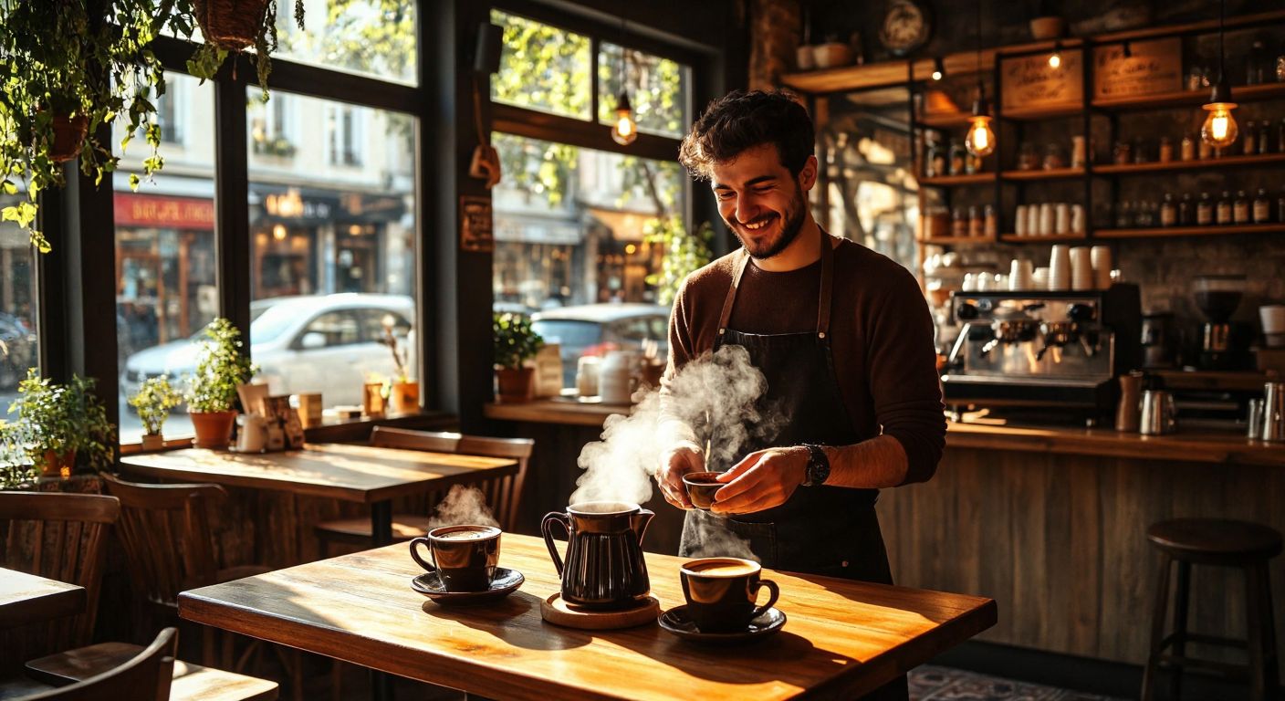 A cozy coffee shop with warm wooden tables, steaming cups of Turkish coffee, and a relaxed atmosphere, where a smiling barista shakes their head politely to indicate no alcohol is served.