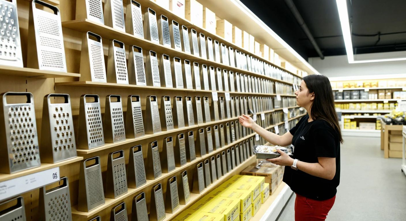 A brightly lit IKEA store aisle in Turkey displays a neatly organized wall of stainless steel graters in various shapes and sizes, with a curious shopper in casual attire examining one closely.
