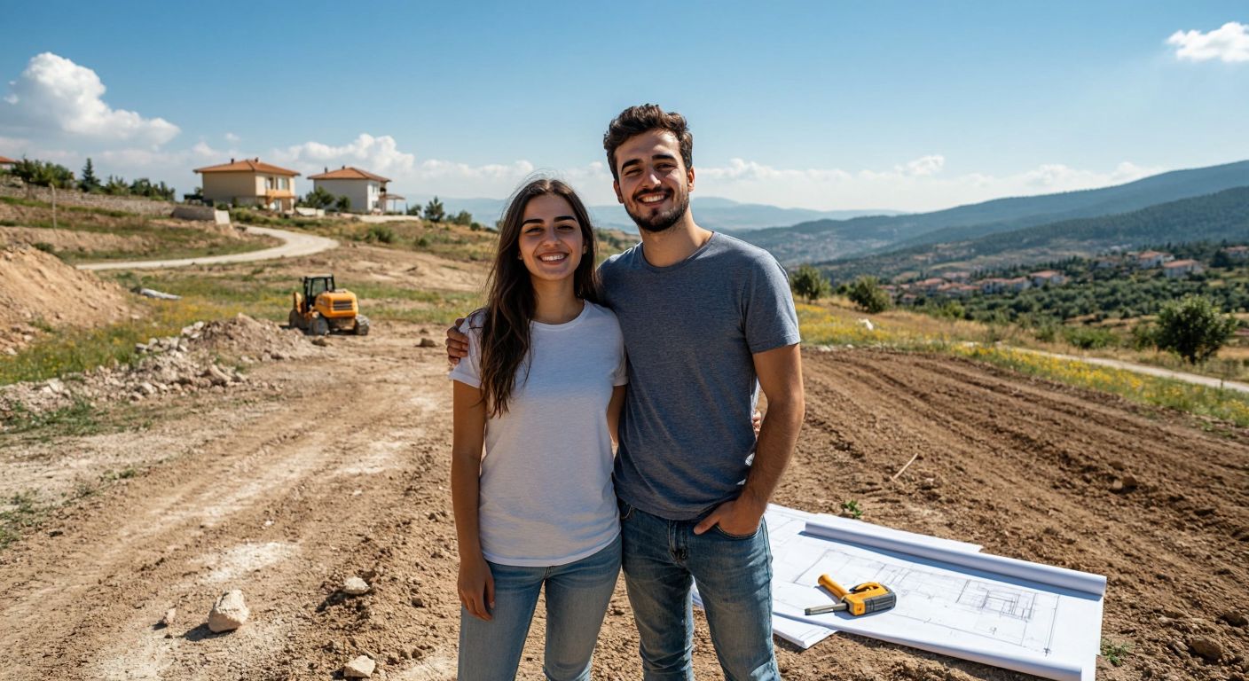A hopeful young couple standing on a sunny, empty plot of land in Turkey, smiling as they imagine their future home, with construction tools and blueprints subtly placed nearby.