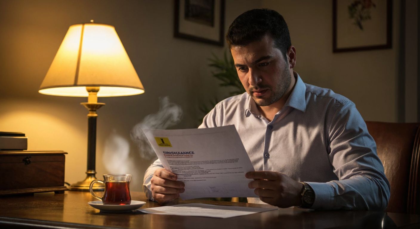 A Turkish man in a formal shirt sits at a wooden desk, holding an insurance document with a concerned expression, while a warm light from a table lamp casts a glow over a steaming cup of çay beside him.
