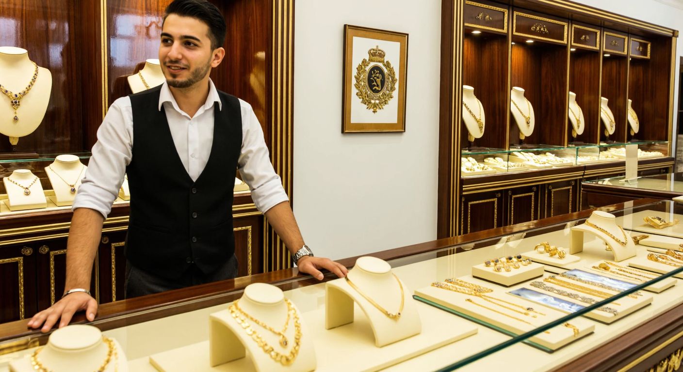 A grand, ornate jewelry shop in İzmir with a polished wooden counter displaying intricate gold necklaces and rings, where a well-dressed jeweler in a crisp white shirt and black vest gestures warmly toward a framed emblem of İZKO on the wall.