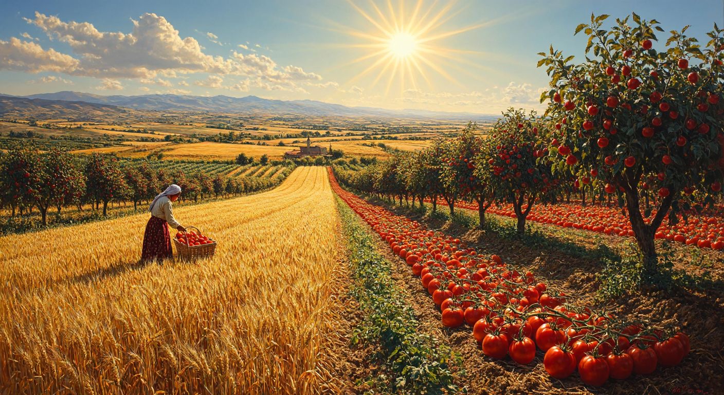 A vast golden wheat field stretches under a bright sun in Afyon Ovası, bordered by rows of cherry trees and sunflowers, with a farmer in traditional Turkish clothing harvesting ripe tomatoes nearby.