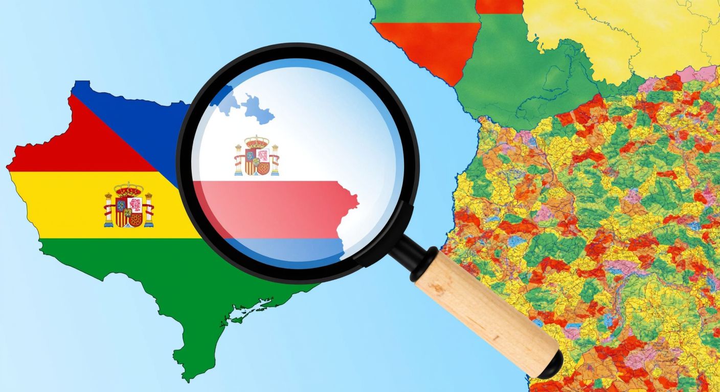 A colorful map of Spain split into two overlapping layers, one showing vibrant autonomous regions and the other highlighting provinces, with a magnifying glass hovering over the borders.