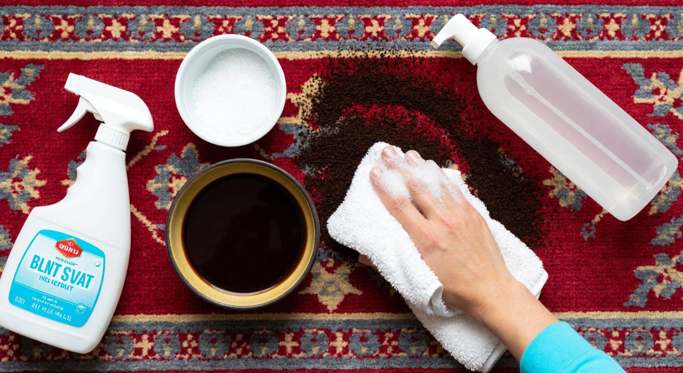 A close-up of a Turkish carpet with a dark coffee stain, surrounded by a small bowl of baking soda paste, a spray bottle of white vinegar solution, and a bottle of stain remover, with a hand gently scrubbing the stain using a soft cloth.