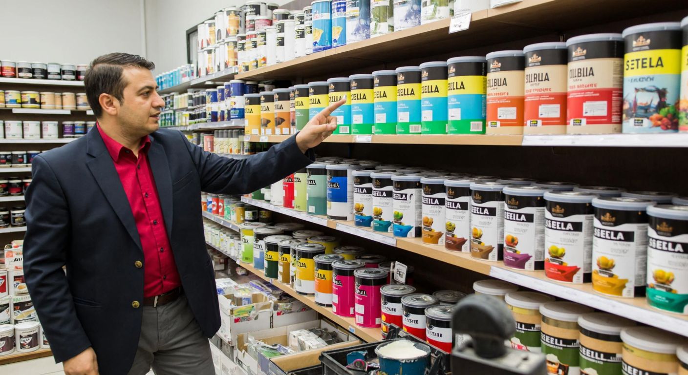 A Turkish shopkeeper in a paint store gestures toward shelves filled with colorful Stella paint cans while a customer listens attentively.