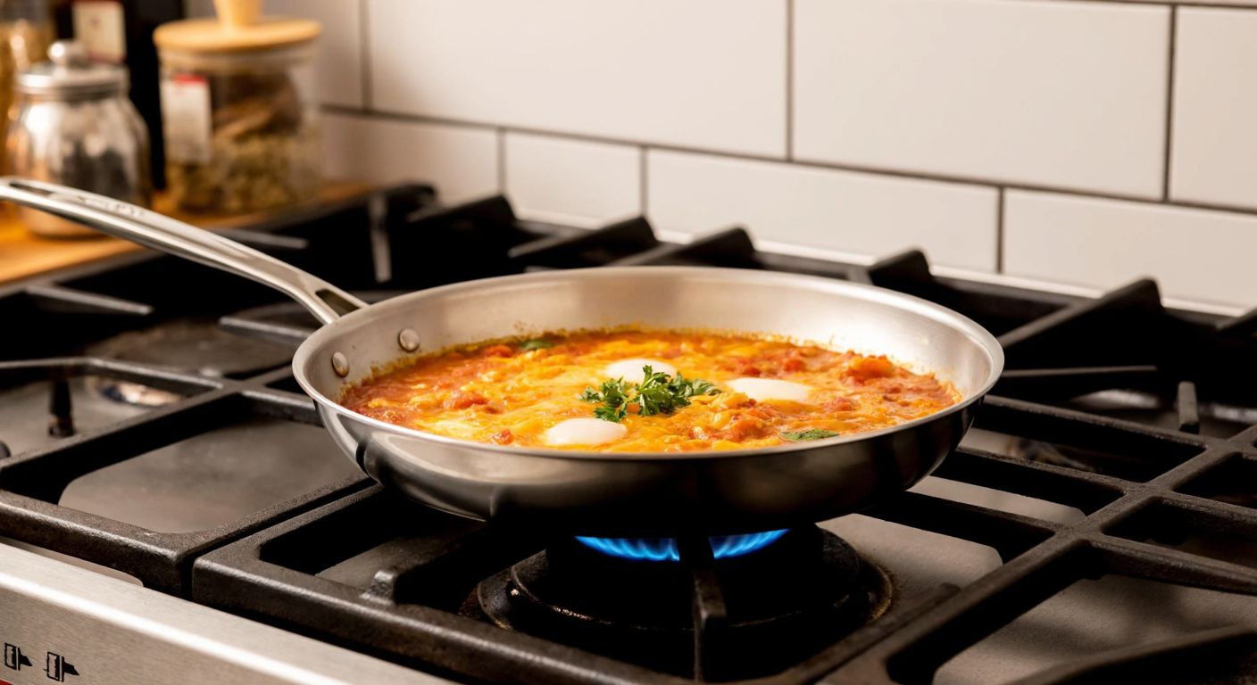 A small, shiny stainless steel frying pan sits on a stove in a cozy Turkish kitchen, with a single portion of sizzling menemen inside.
