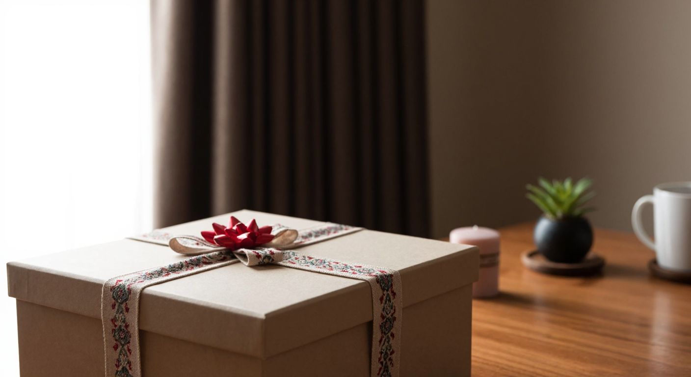 A neatly wrapped gift box with a decorative ribbon, placed on a wooden table in a cozy Turkish home, evoking warmth and anticipation.