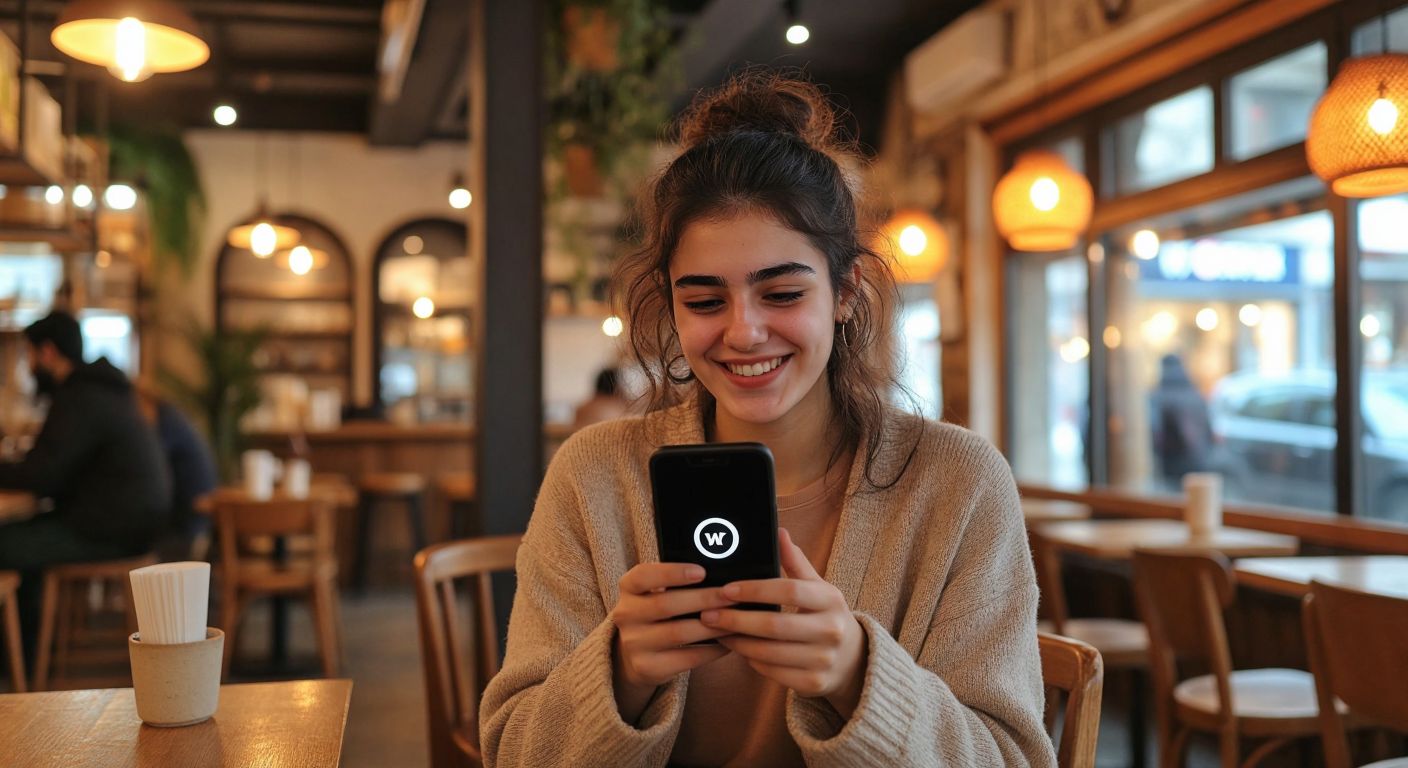 A young Turkish person in a cozy café holding a smartphone with the VK app open, smiling as they navigate the settings menu to switch the language to English.