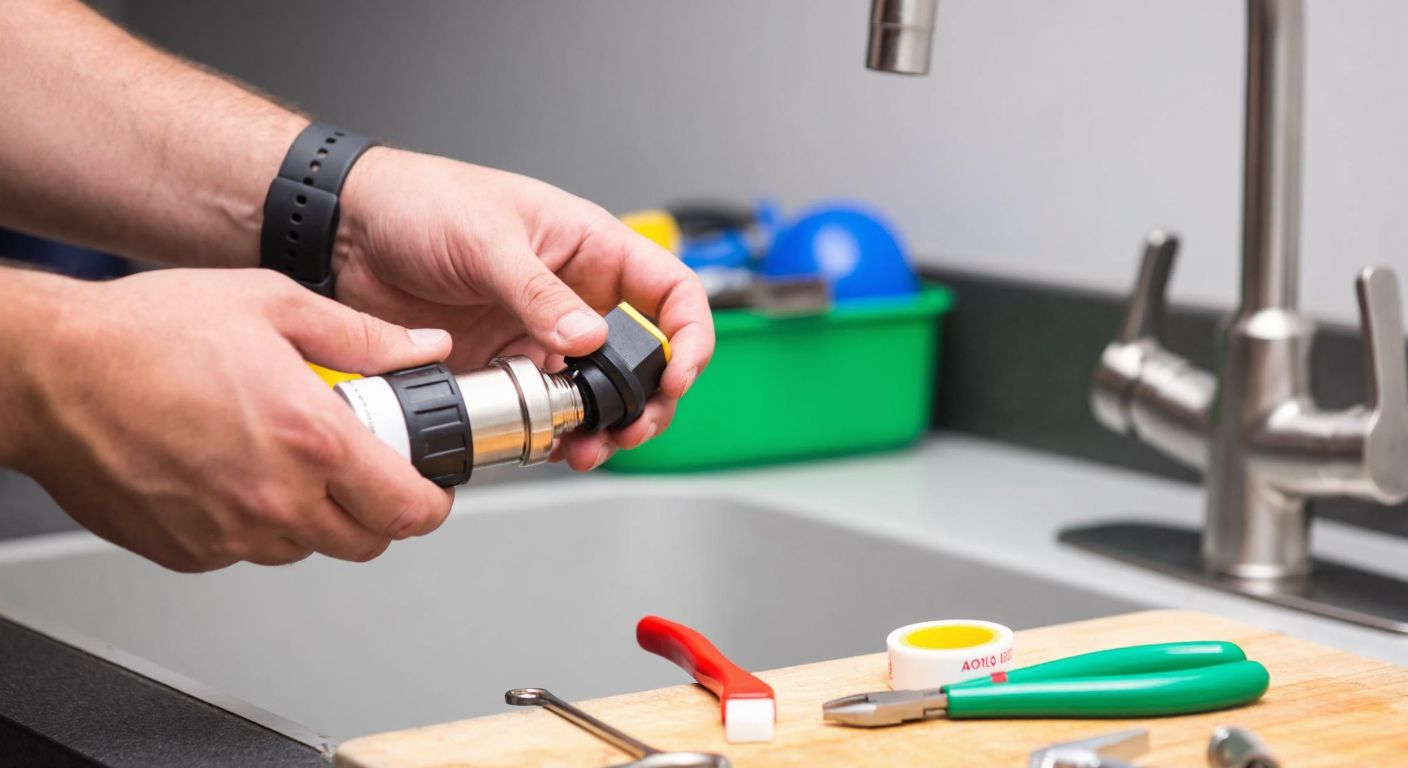 A close-up of a person’s hands carefully attaching a water filter adapter to a kitchen faucet in a Turkish home, with tools like pliers and teflon tape scattered on the counter.