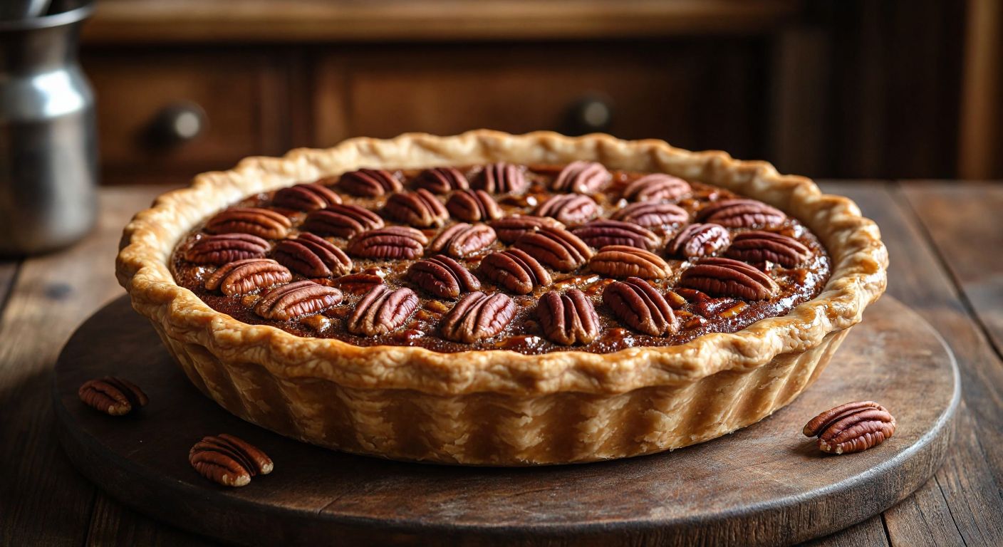 A golden-brown pecan pie with a glossy caramel filling and whole pecans arranged on top, sitting on a rustic wooden table in a cozy American kitchen with warm lighting.